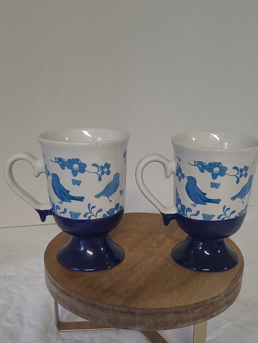 Vintage Blue Bird Pedestal Ceramic Mugs - Set of 2